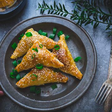 five spice pork and onion pastry triangles