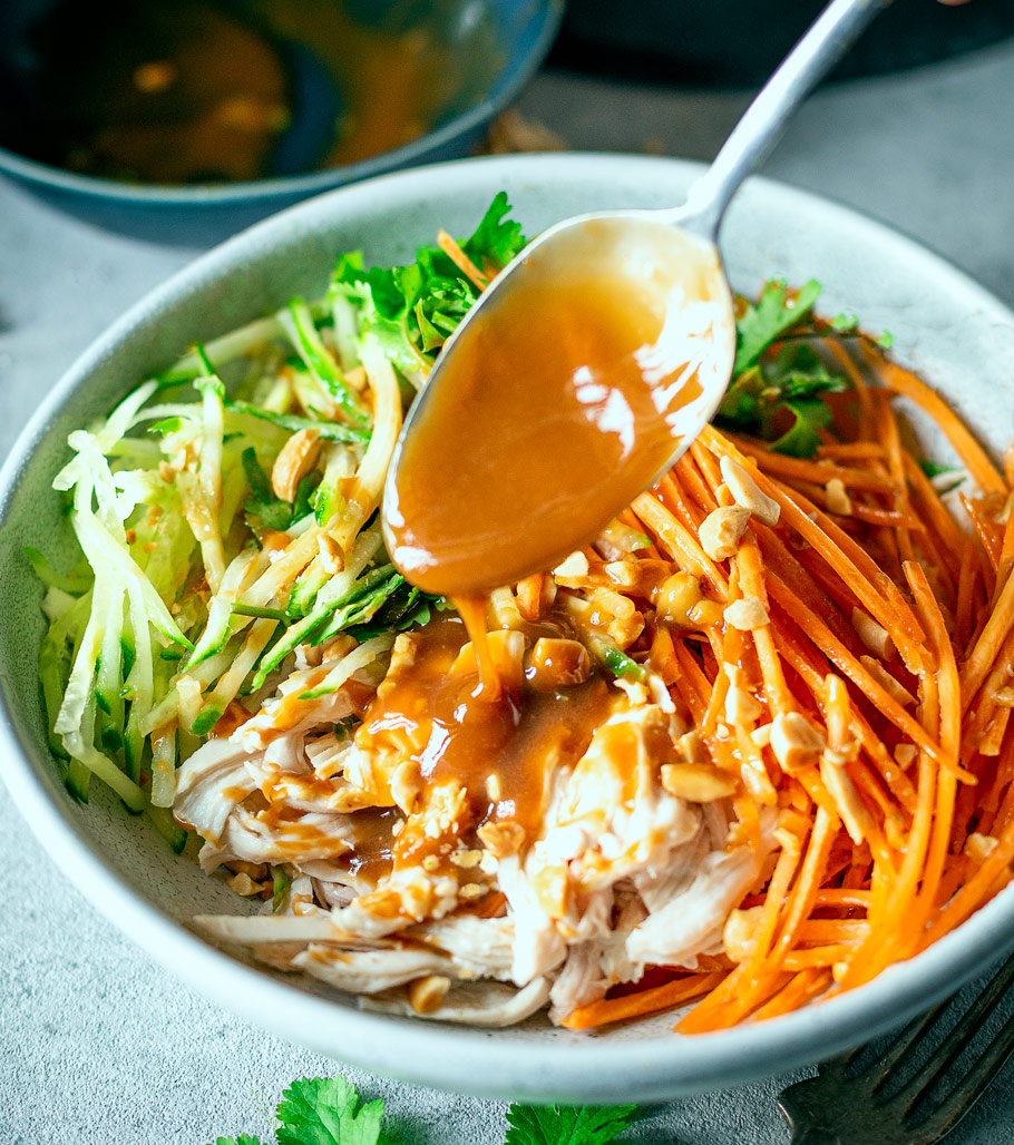 shredded chicken salad, healthy peanut dressing