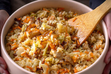 one pot rice with pork belly and veggies