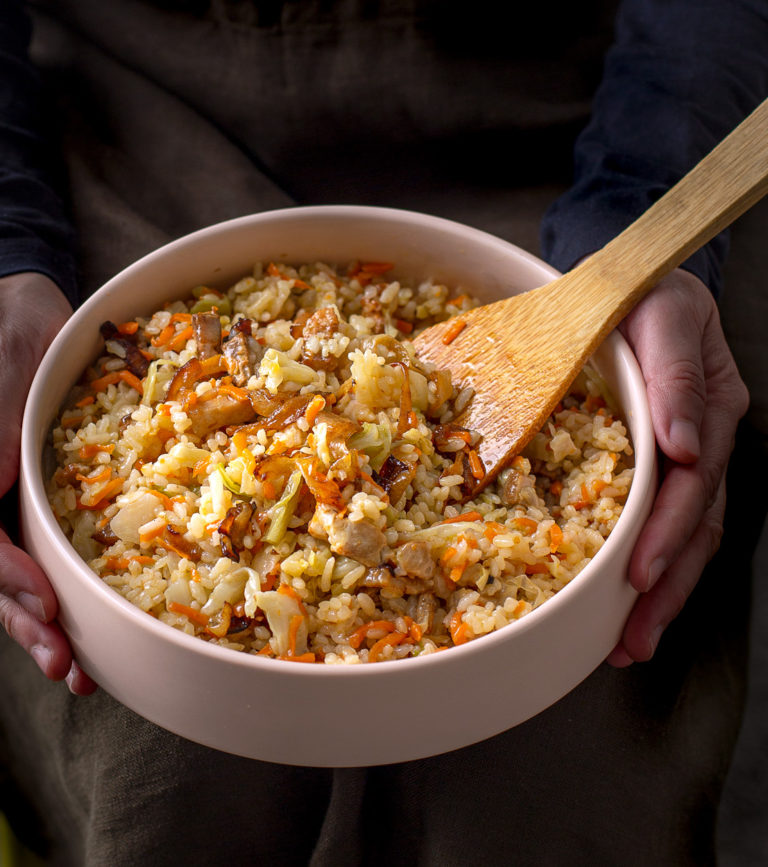 one pot rice with pork belly and veggies