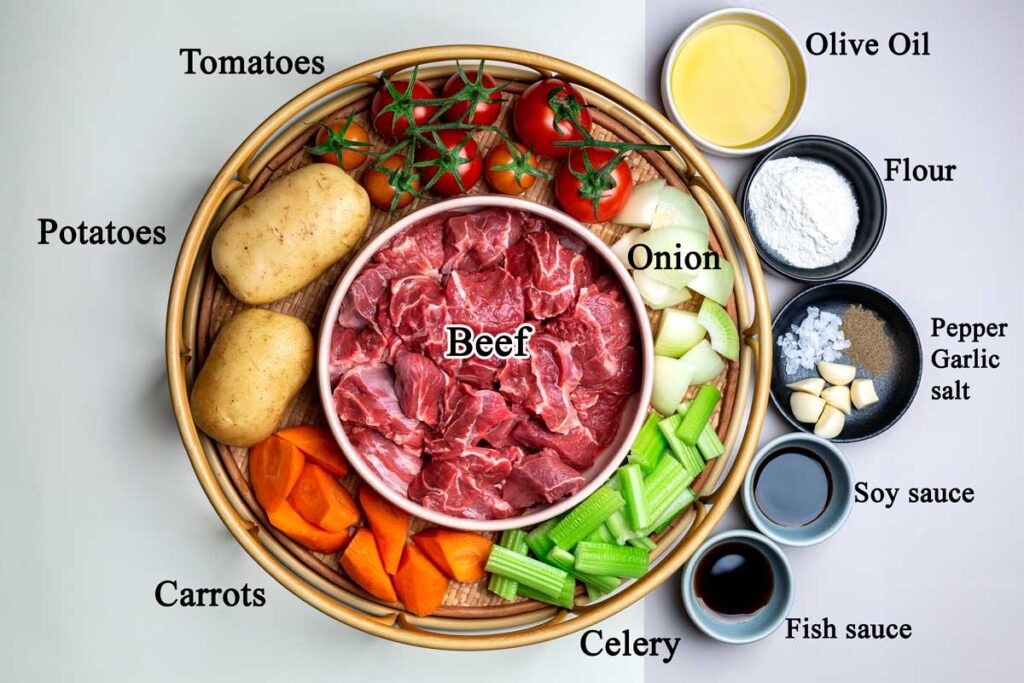 Image of beef soup ingredients including beef, vegetables, and sauces.