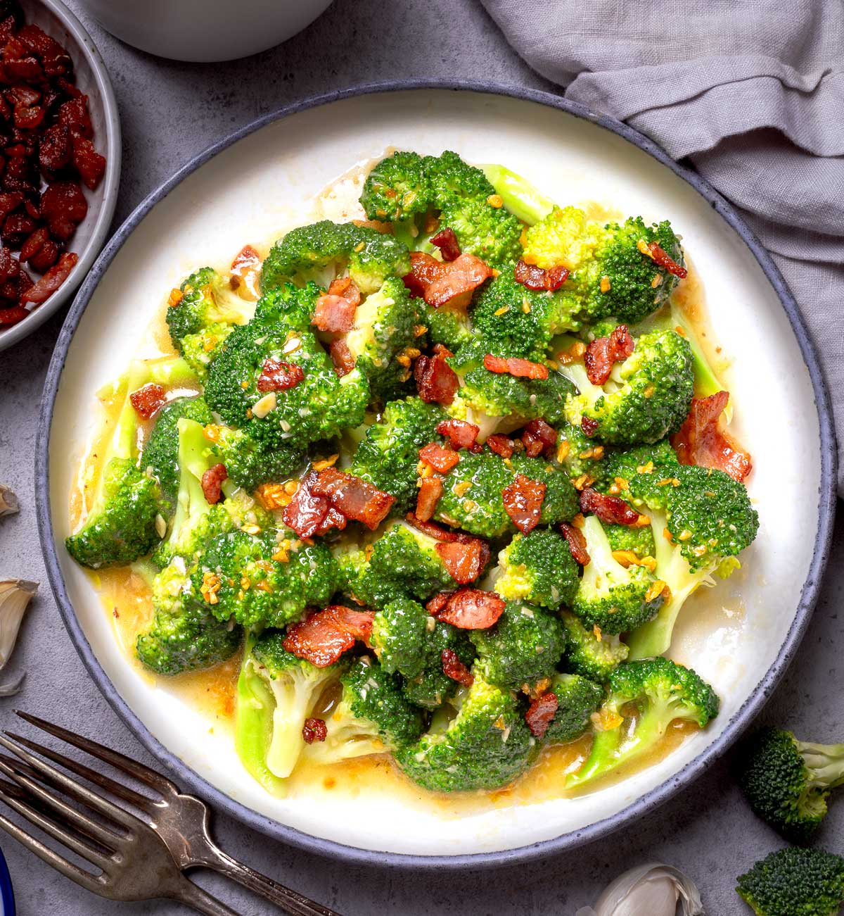 Chinese Broccoli with garlic sauce and bacon
