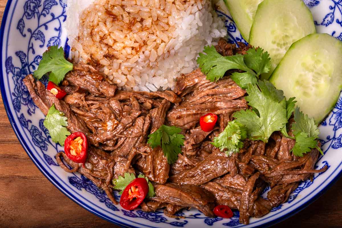 Shredded beef pair with rice, cucumber and chili