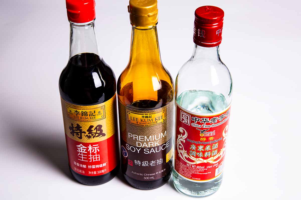 soy sauce, dark soy sauce and rice wine