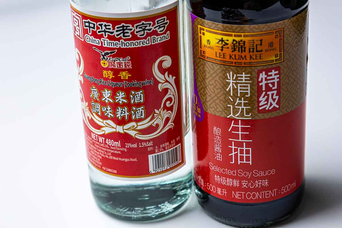 Chinese rice wine and soy sauce used in chinese pork stir fry recipe